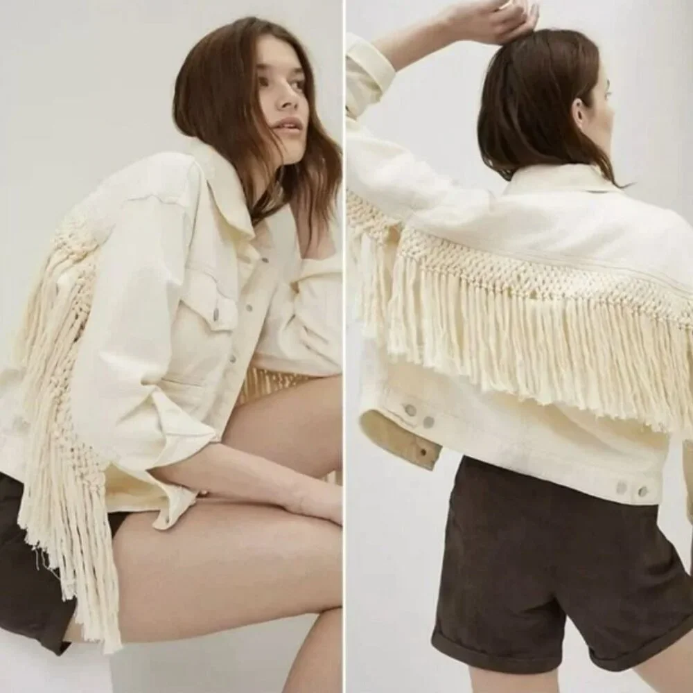 Blank NYC Cream Rope Fringe Denim Trucker Jacket Sz Large NWT - Picture 3 of 8